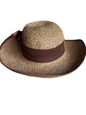 HAT chic straw sun hat brown ribbon stylish NWT UPF 50+